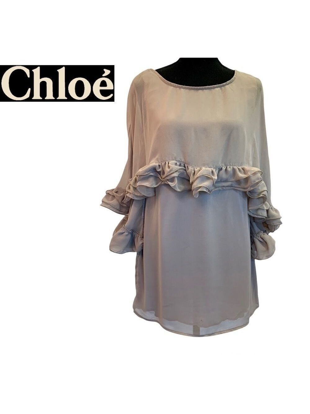 Chloe vintage taupe silk draped ruffle frill lined designer blouse size …